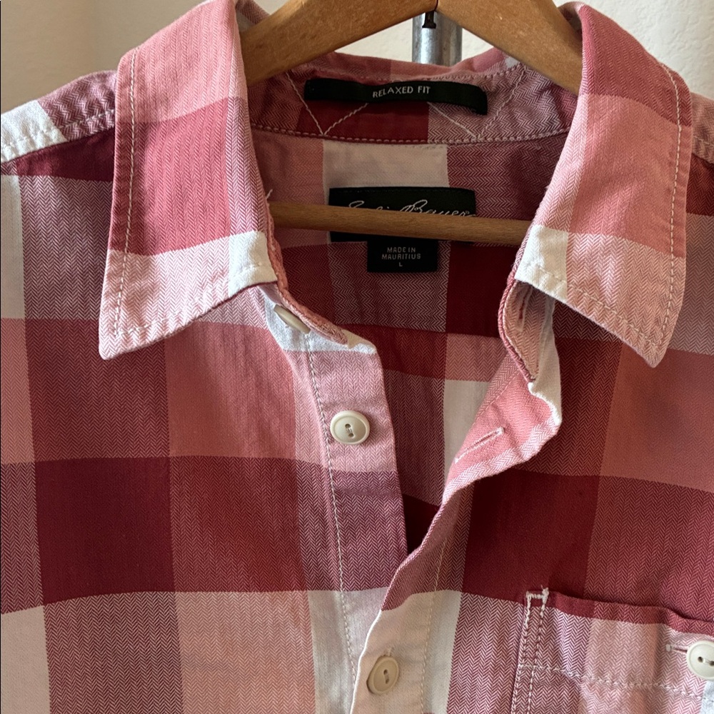 Eddie Bauer sz L Flannel Plaid Pink White 100% cotton EUC Cabincore Gorpcore Eco - Picture 3 of 5